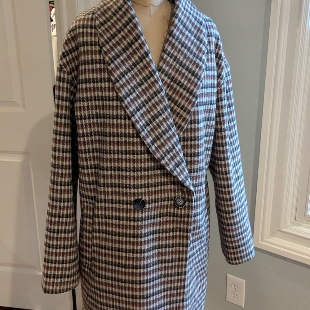 Avec Les Filles  Checkered Double-Breasted Pea Coat